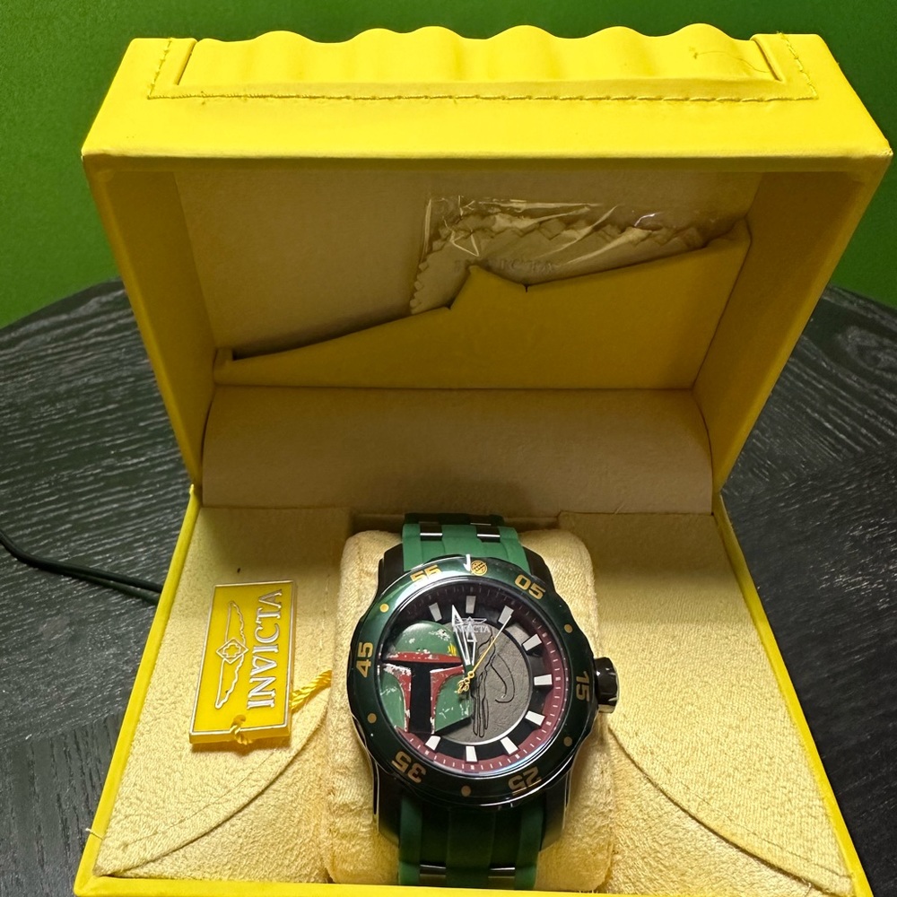 NWT Boba Fete Invicta Watch including box, hard case, and microfiber cloth